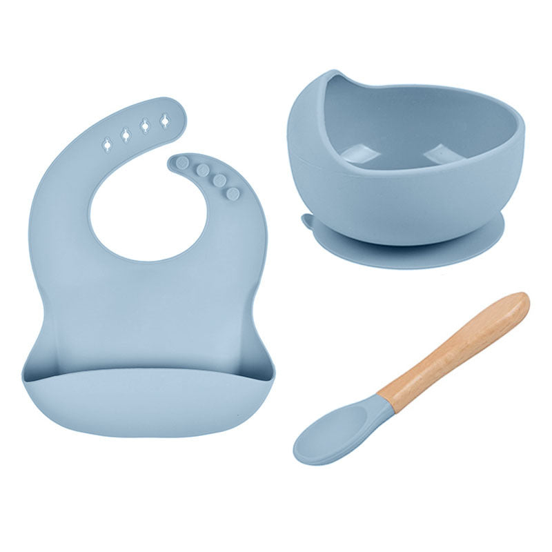 Baby Tableware Solid Food Bowl Silicone Bib Spoon en bois Ensemble de trois pièces