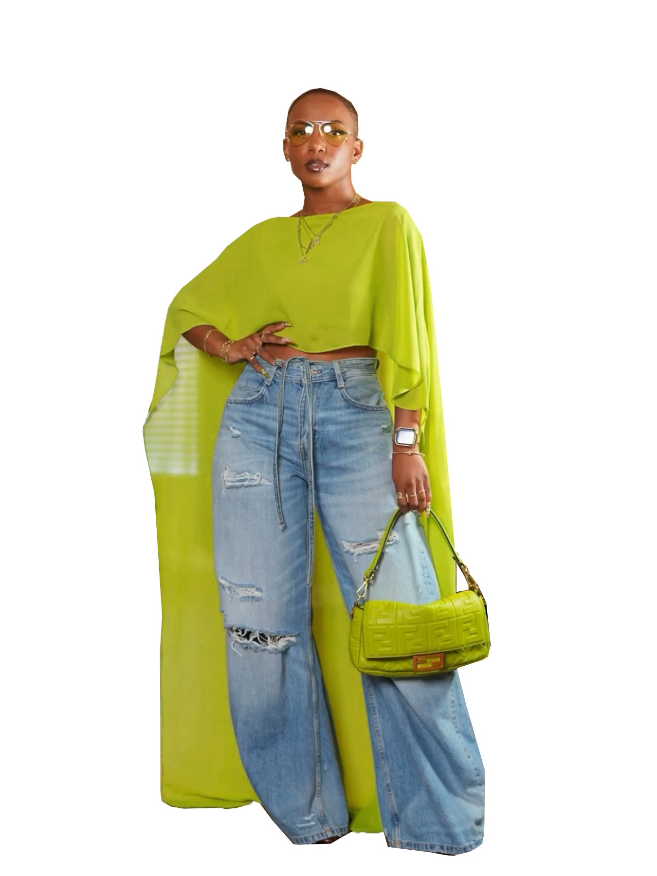 Élégantes femmes à l'aise Mesh Maxi Cape avec manches drapées Et un midriff-baraging T