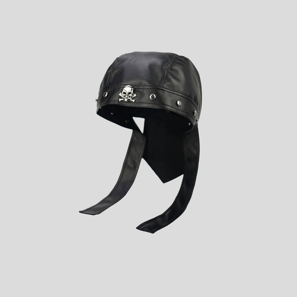 La taille des hommes et des femmes. Chapeau en cuir en cuir PU noir Rivet Ribbon Street Punk Style Pirate.