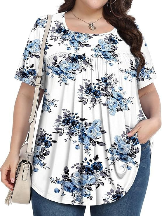 T-shirt casual à col rond à manches courtes avec imprimé floral plus taille