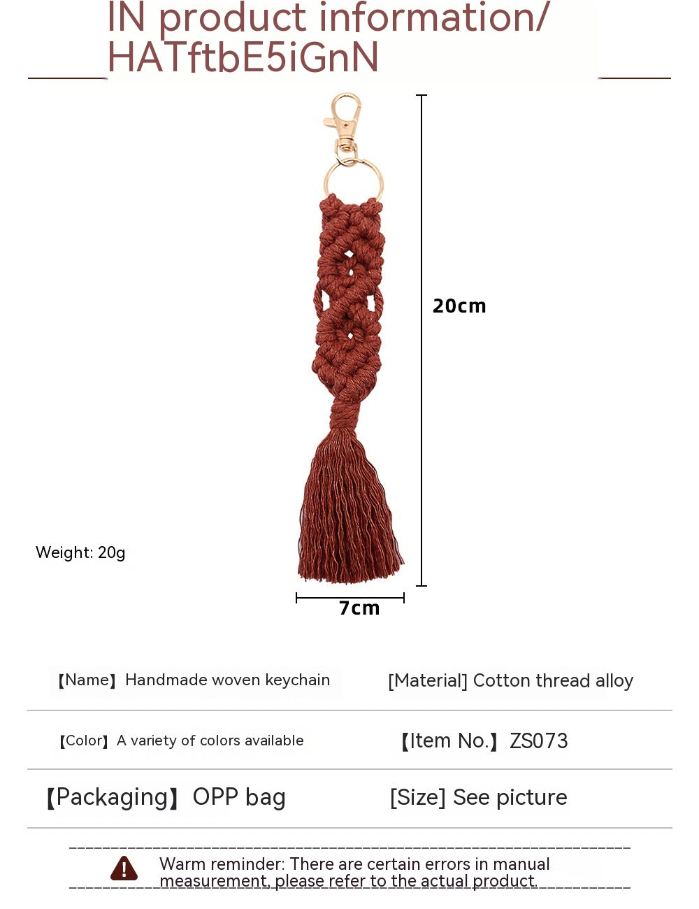 Chaîne de coton tissé à la main Tassel Porte-clés voiture porte-clés sac pendentif ornements
