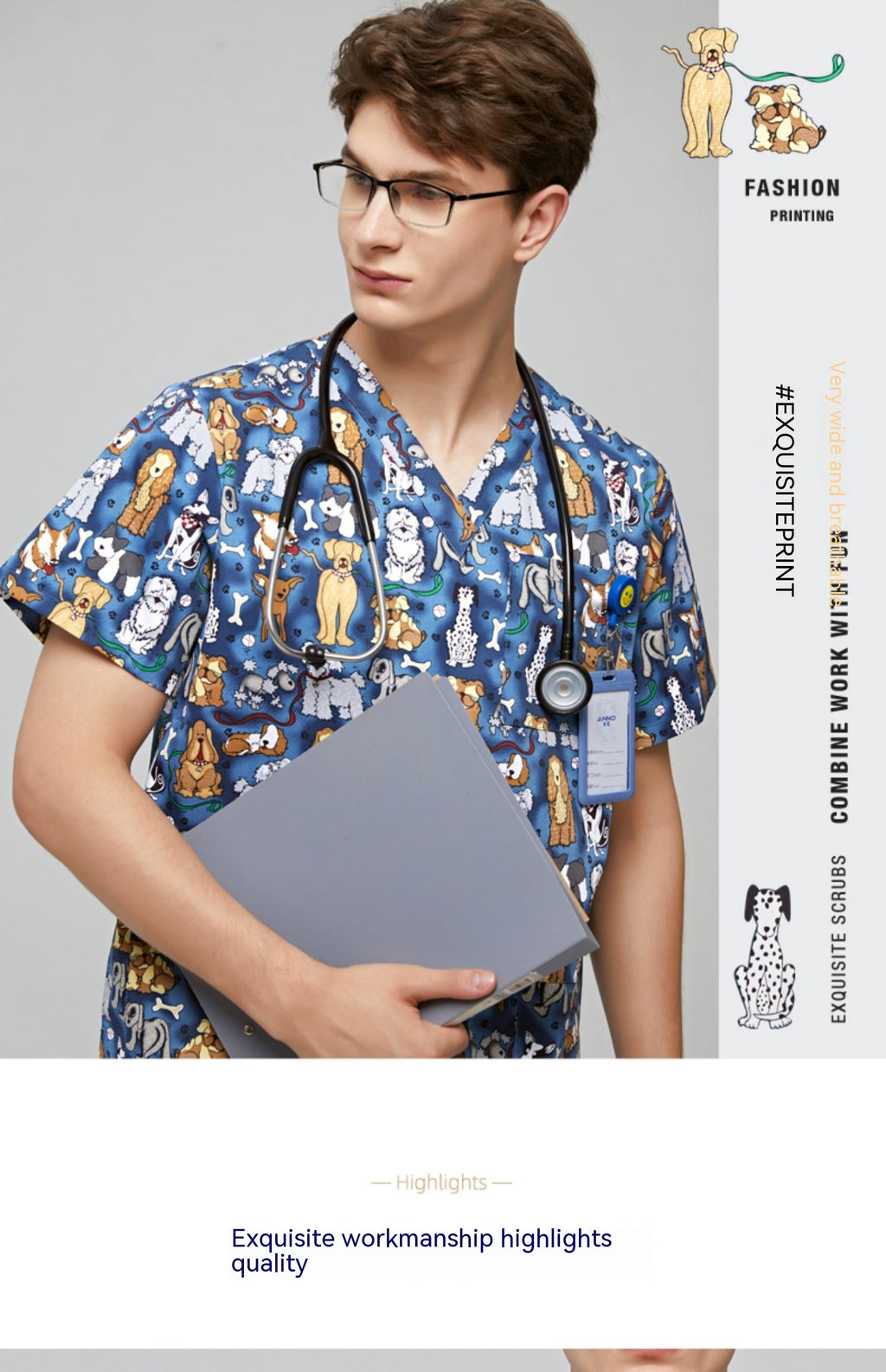 Chirurgical Gown Imprimé V-neck Pet Doctor Beauty Hospital Vêtements de travail Flower Dog Bleu
