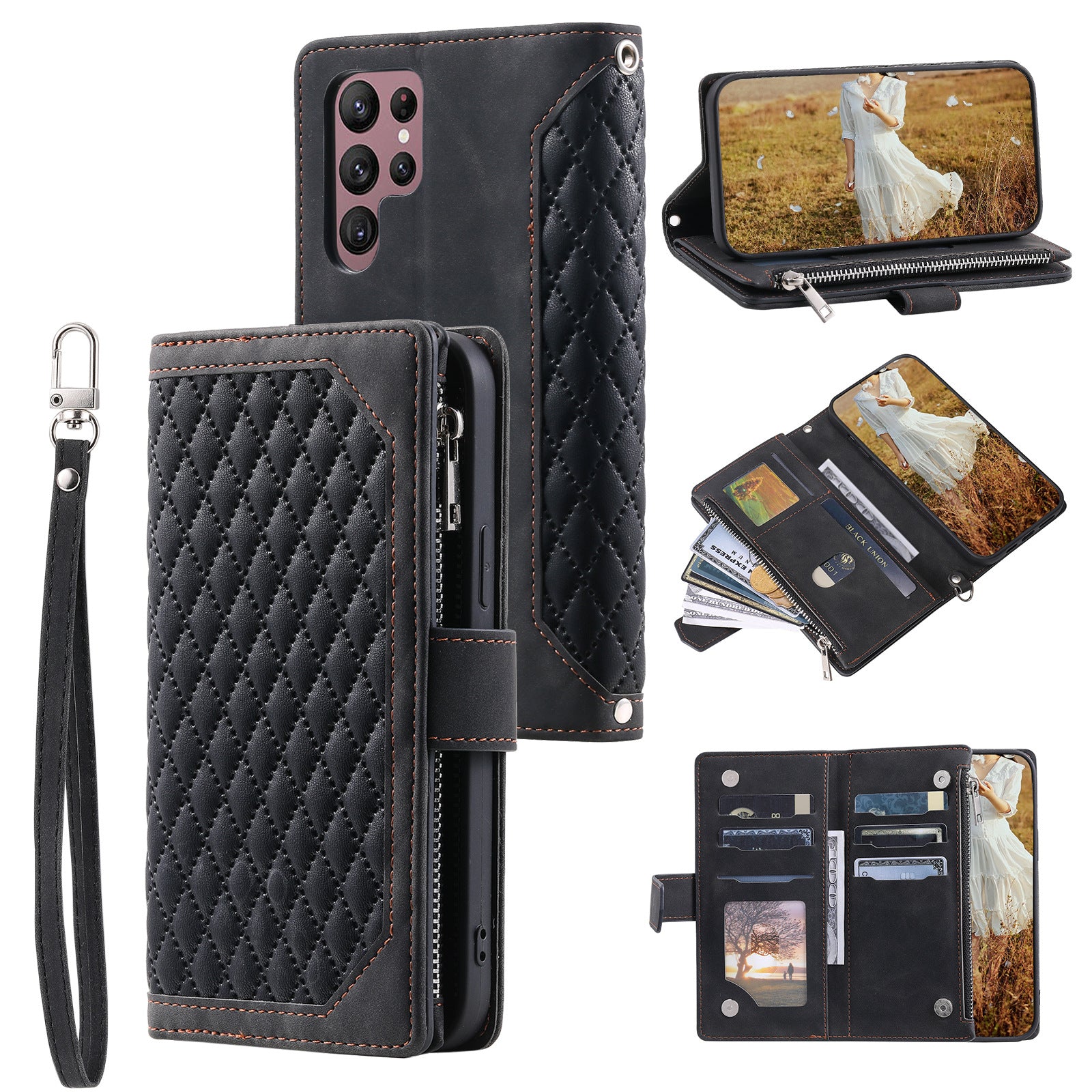 Crossbody Plaid Multi-fonctionnel Zipper Bag Étui de téléphone mobile