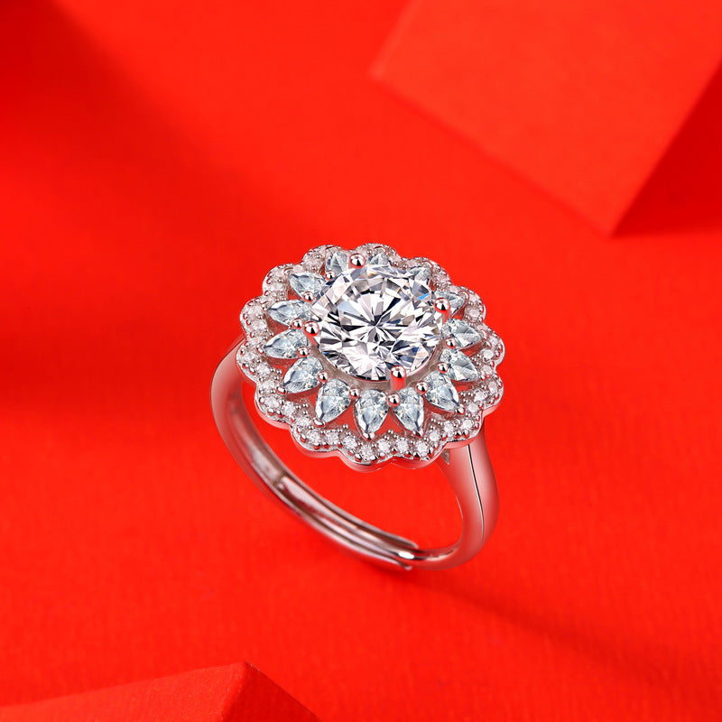 S925 Argent Moissanite Anneau Fleurs Femelle Trendy Anneau Ajustable Anneau Source En Stock Gen