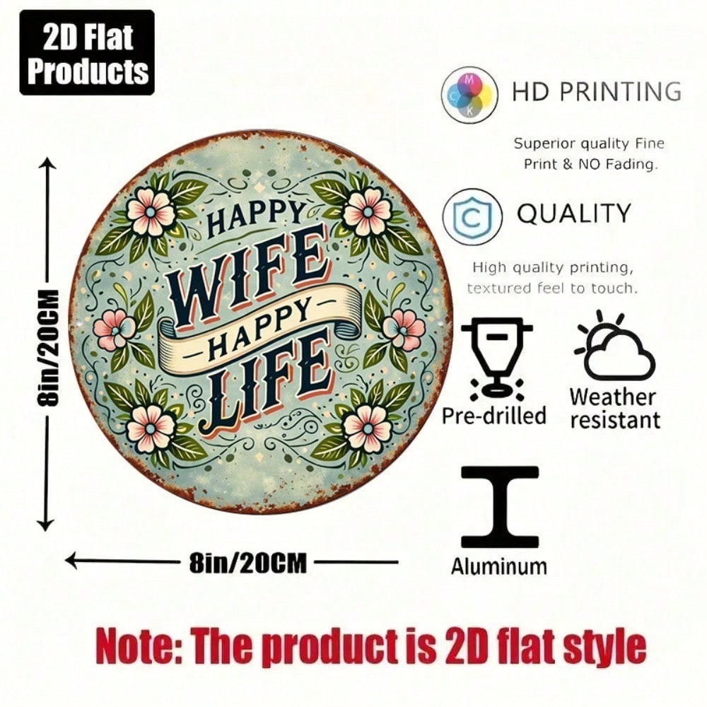 8x8in Vintage Happy Wife Happy Life Round Mariage Signe