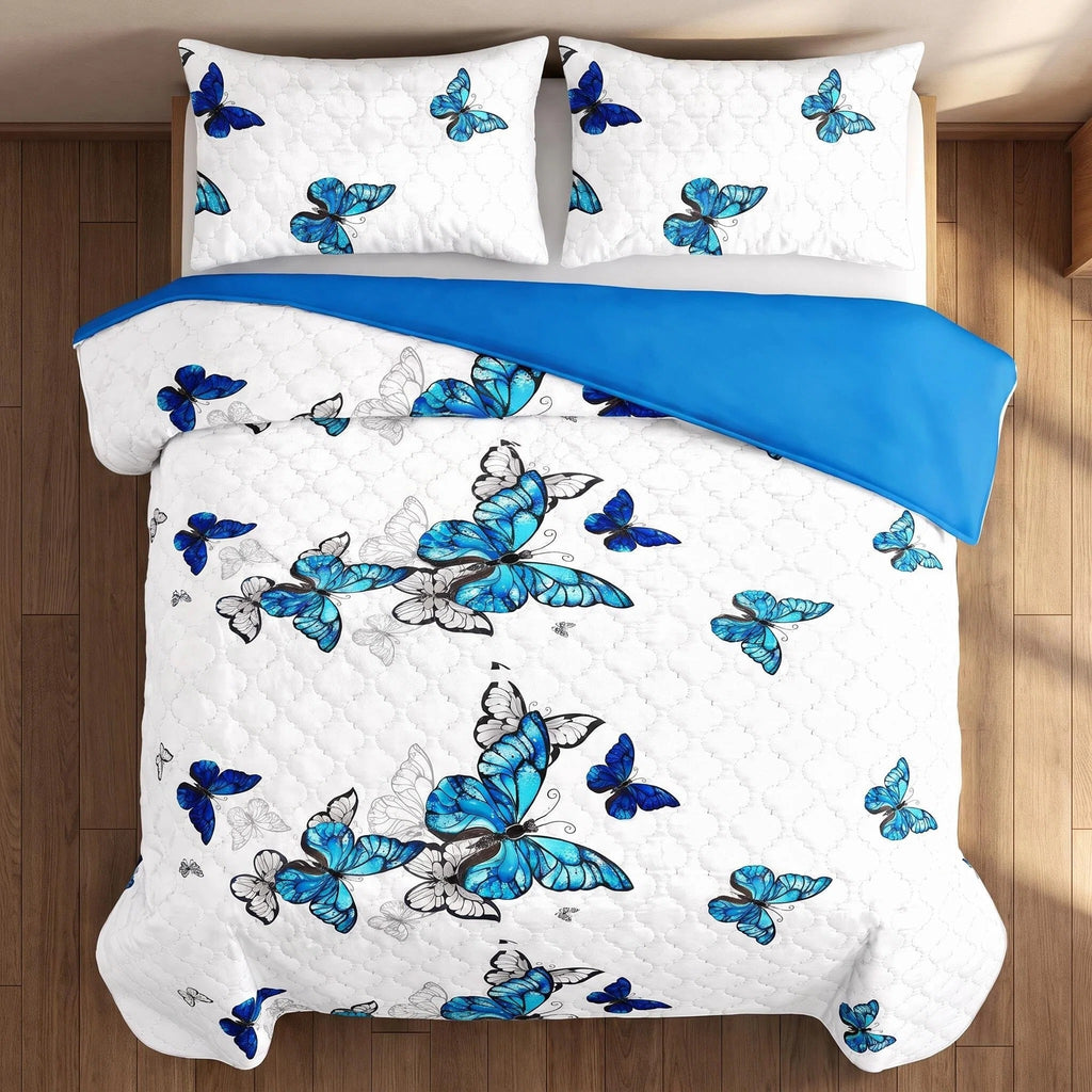 3-Piece Blue Butterfly Couverture de lit matelassée pour roi et roi de Californie