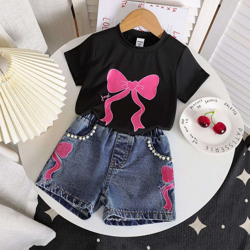 Filles Col rond Imprimé Top et Denim Jeans Set