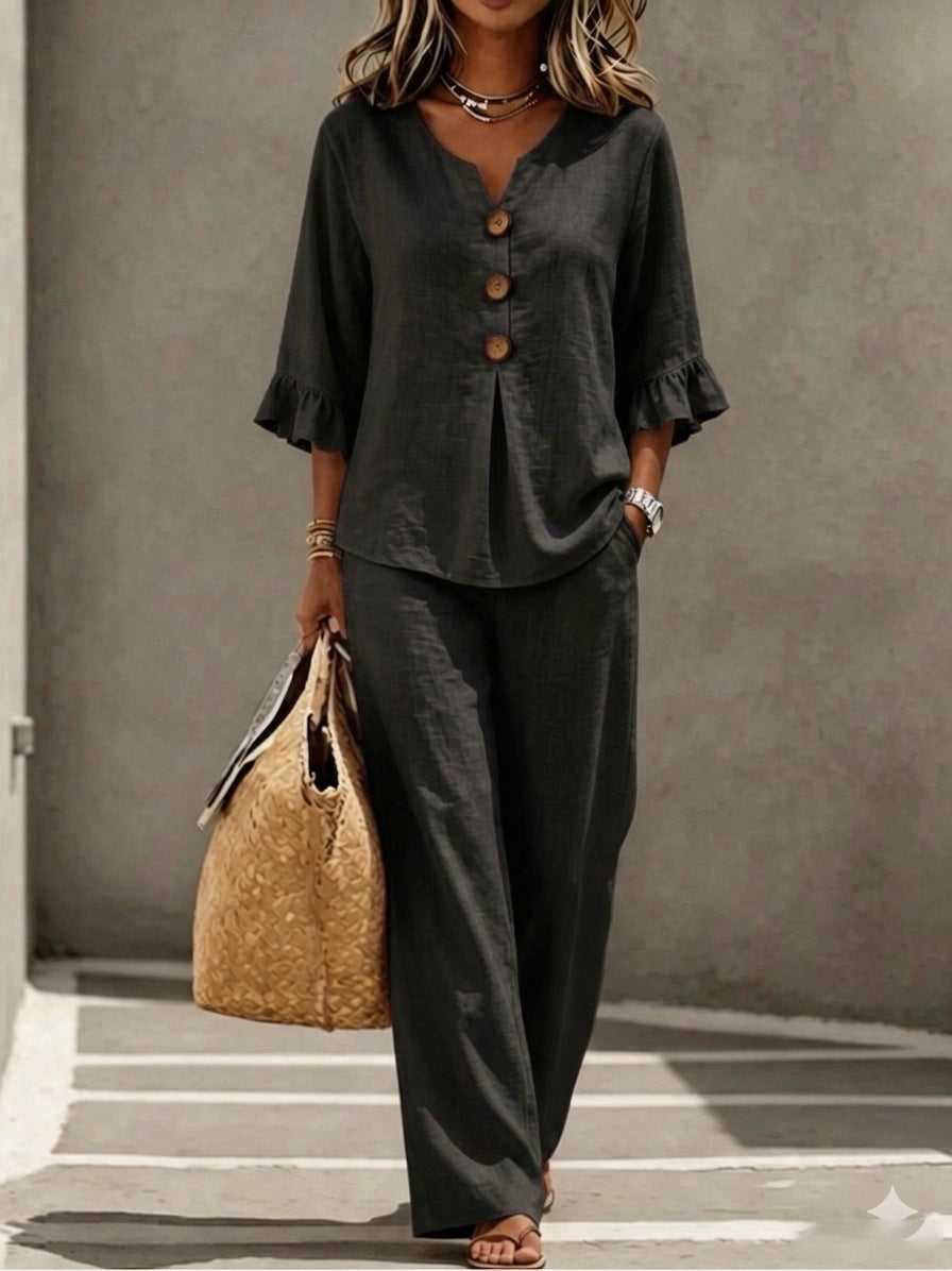Arrivée des femmes Bouton occasionnel-Down V-Neck Rufflé trois quarts de manche supérieur et pantalons deux-P