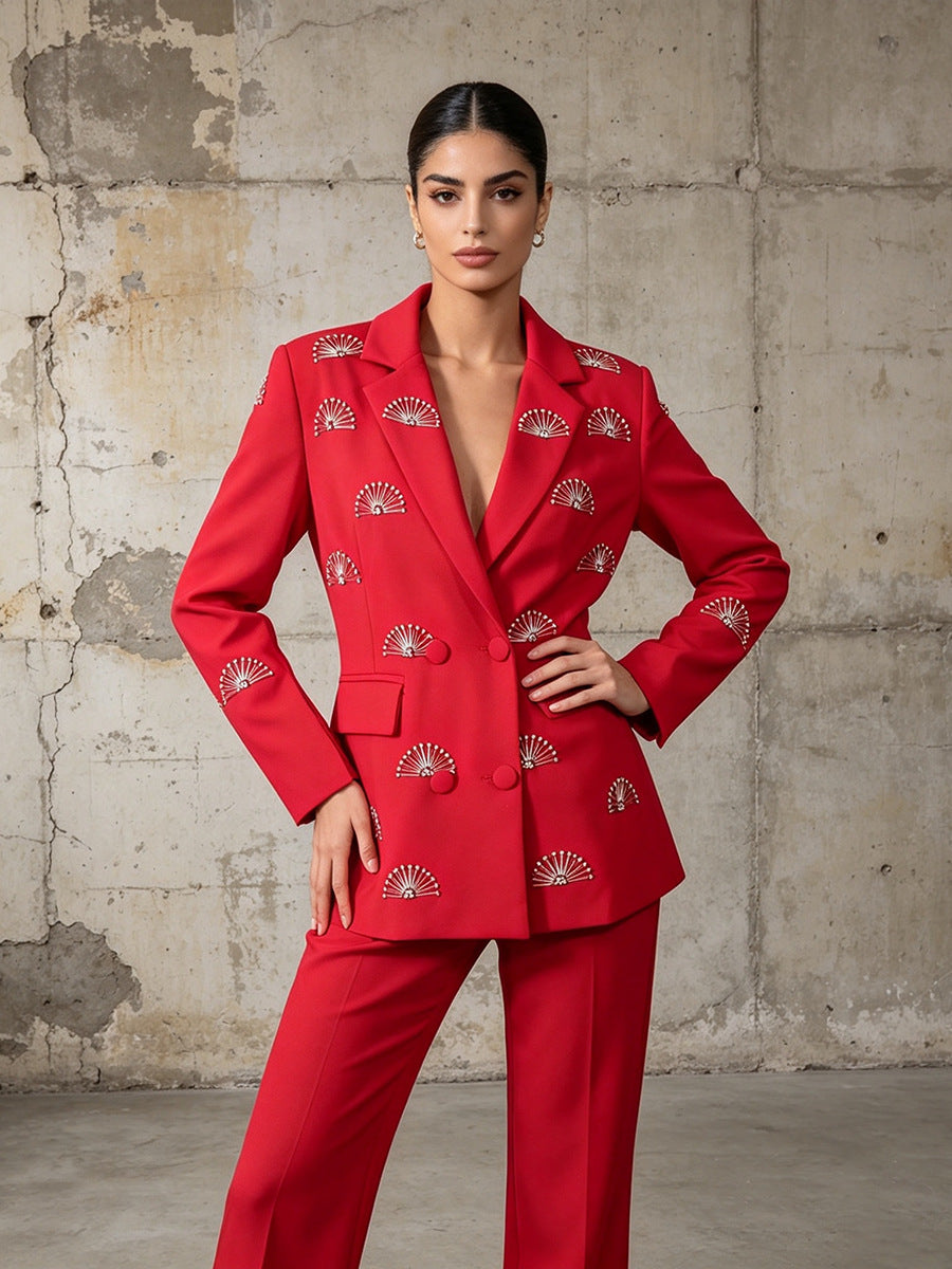 Eventail en Strass Motif Double Breasted Lapel Tailored Blazer Veste