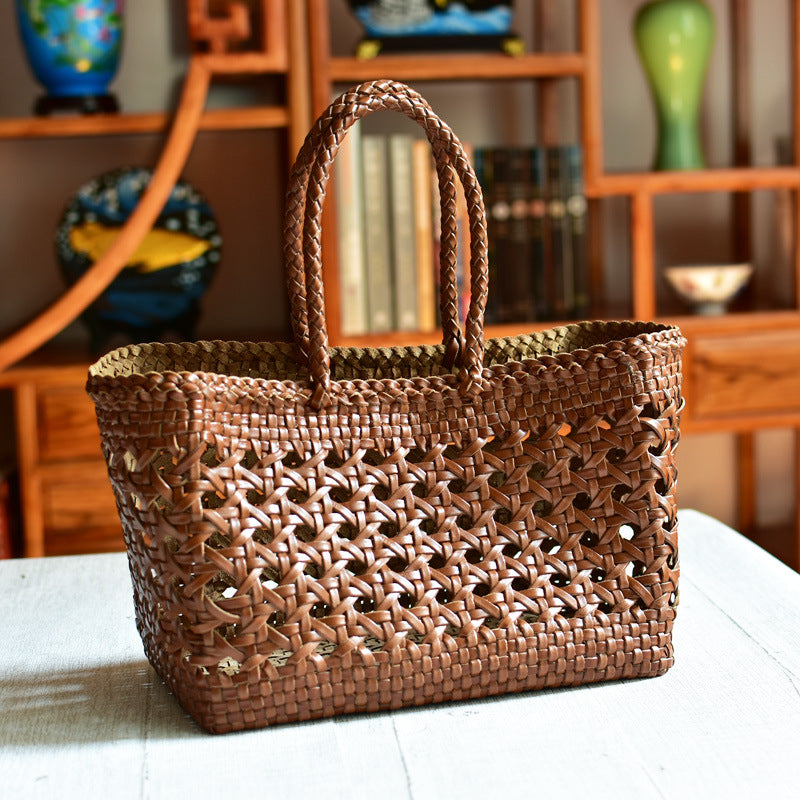 French style woven bag Genuine leather basket shape