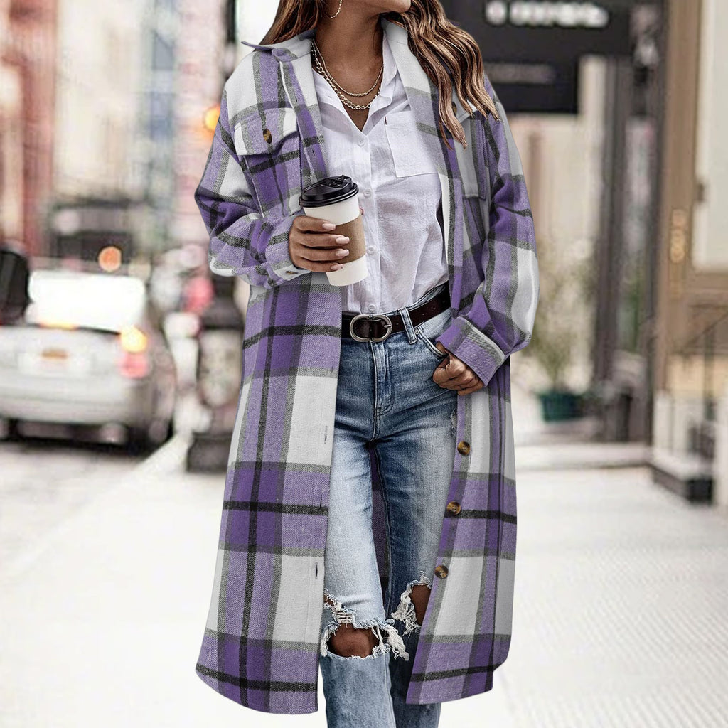 AutomneHiver Lapel Drop-Shoulder Casual Plaid Shirt avec poches de patch