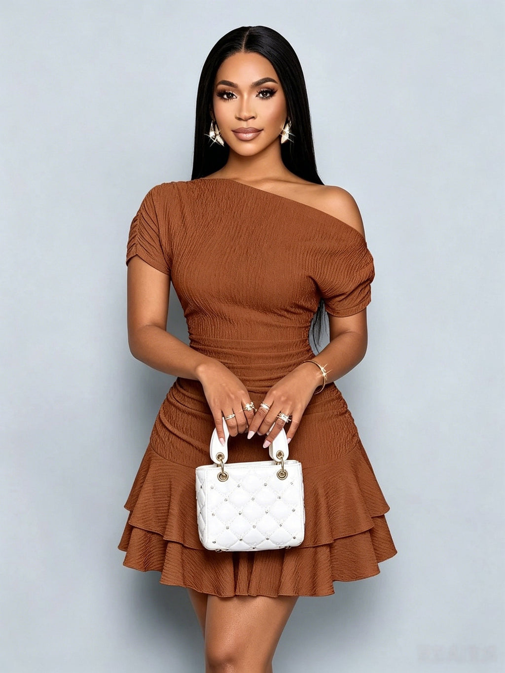 Solid Color Summer Off-the-Shoulder Slim Fit Ruffle Hem Dress