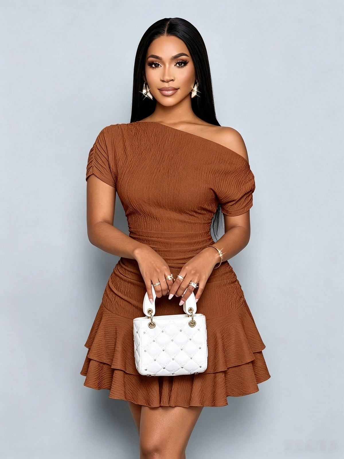 Solid Color Summer Off-the-Shoulder Slim Fit Ruffle Hem Dress