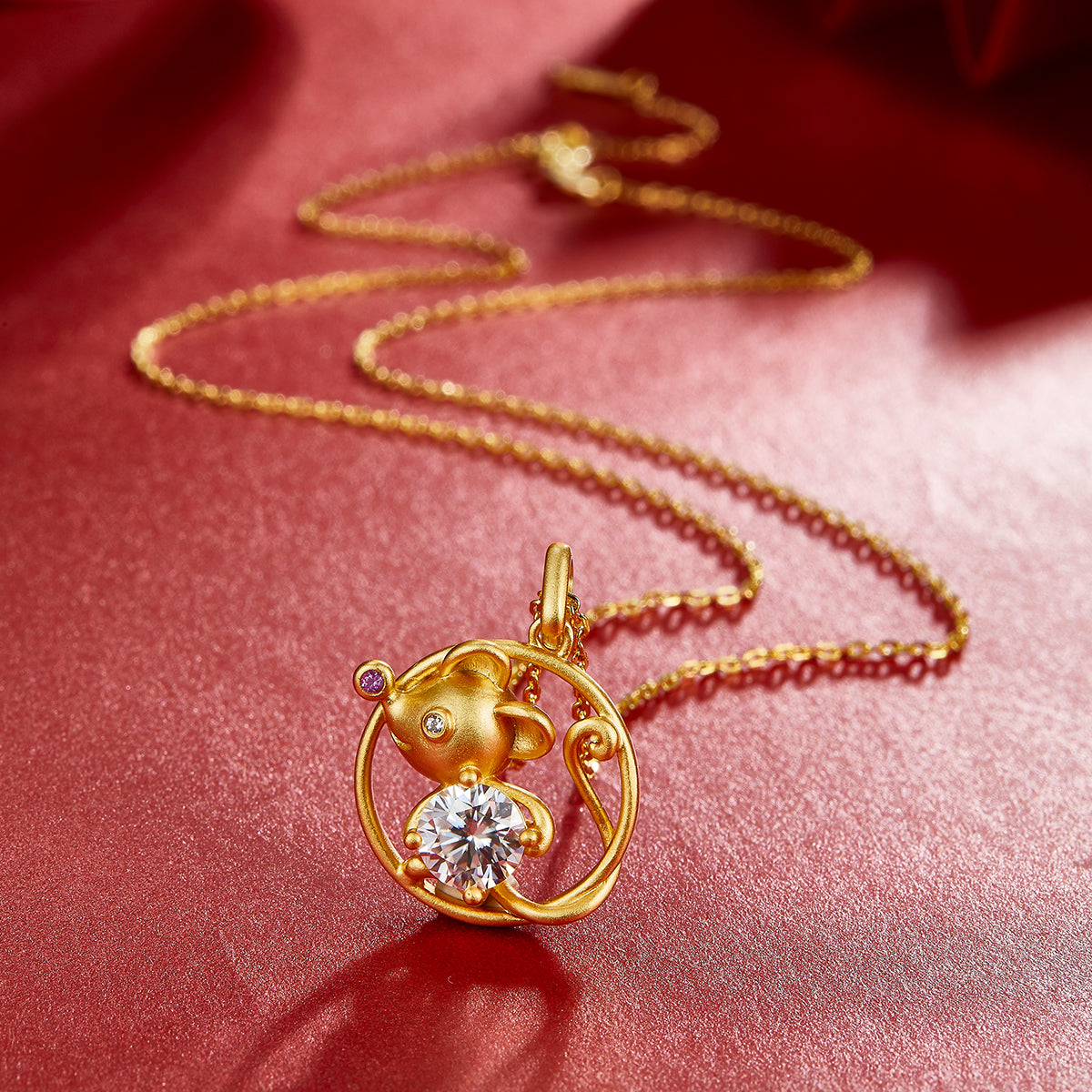 S925 Argent plaqué or 1ct D Couleur VVS1 Collier de rat de Moissanite 4,5g chinois zodiaque Benmi