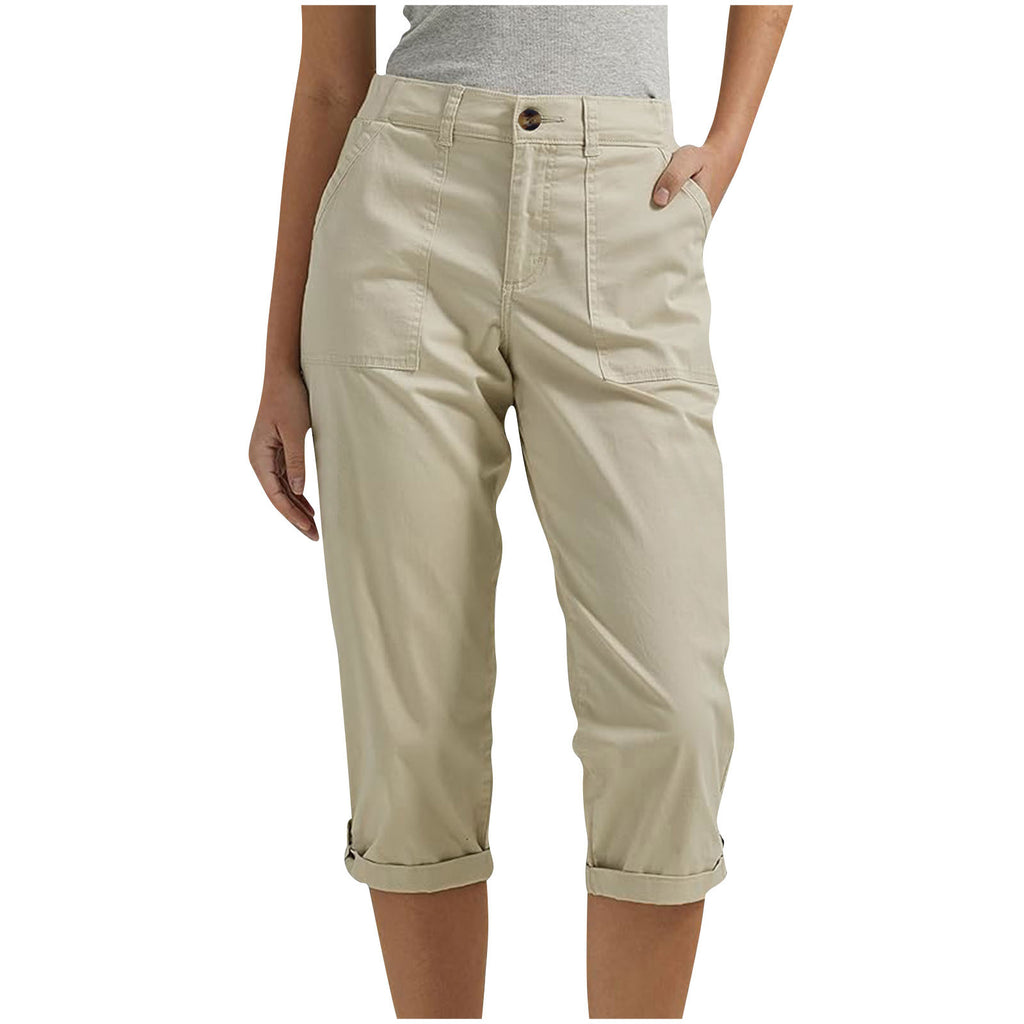 Vêtements de travail en couleur solide pour femmes Pantalons taille bouton Pantalons oreille Design Pantalons de jambes courbés pour femmes