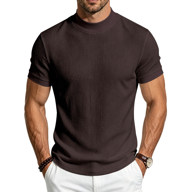Men's Casual Jacquard Ribbon Texture Mock Neck Short Sleeve Top