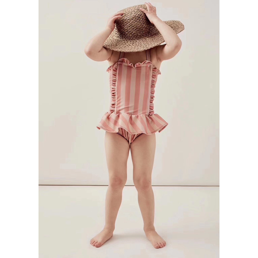 Maillots de bain pour enfants Ins Modèles d'explosion Filles Siamois Maillot de bain en dentelle de vent princesse rayée