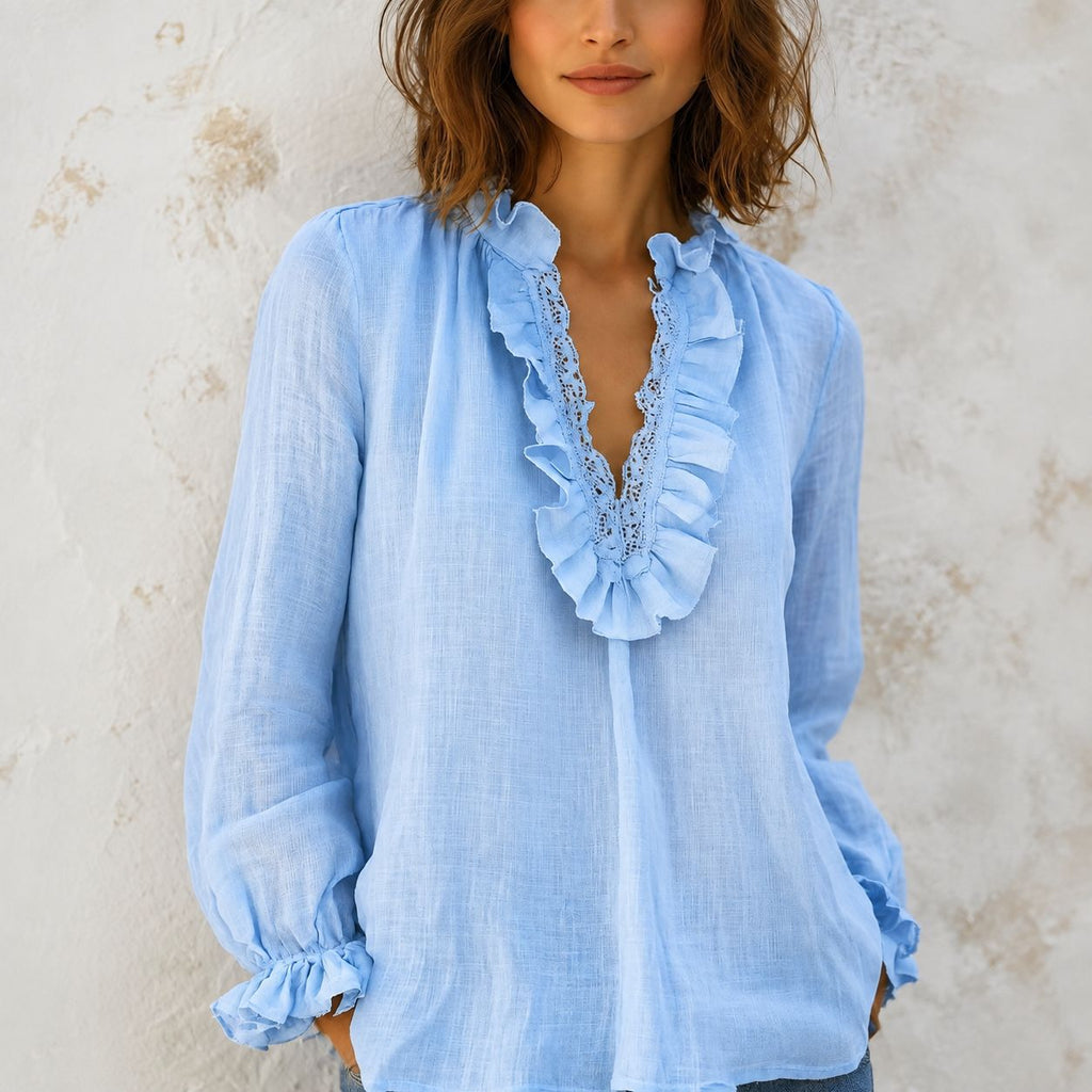 Femmes Deep V-neck Dentelle Loose-fit Blouse Chemise de style français