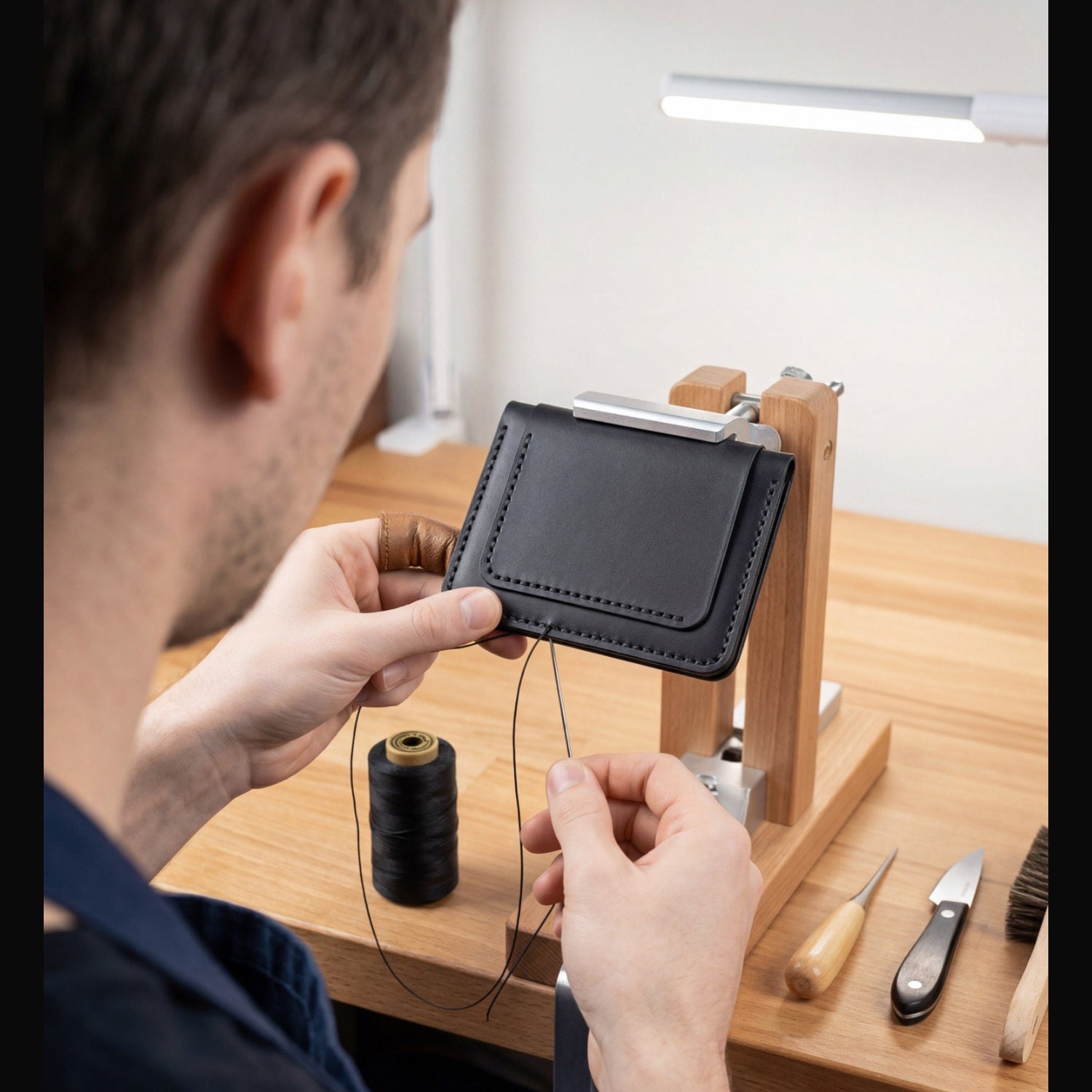 Porte-monnaie pour homme fait main avec des fentes de carte et un détenteur de passeport fait de cowhide à grains supérieurs.