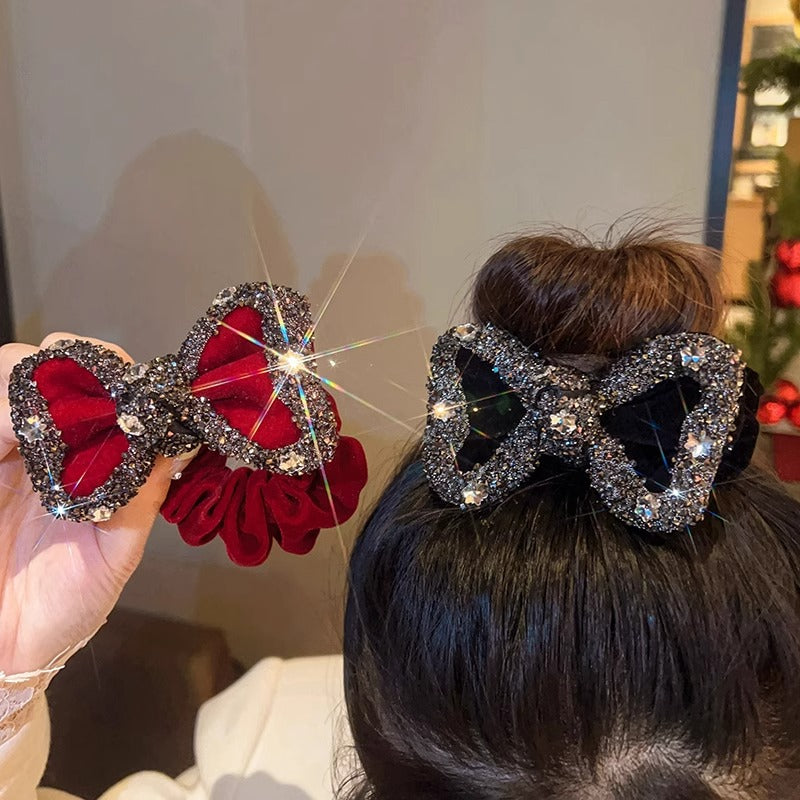 Red Velvet Strass Scrunchie avec un style de corde Bowwomens Cheveux Accessoire