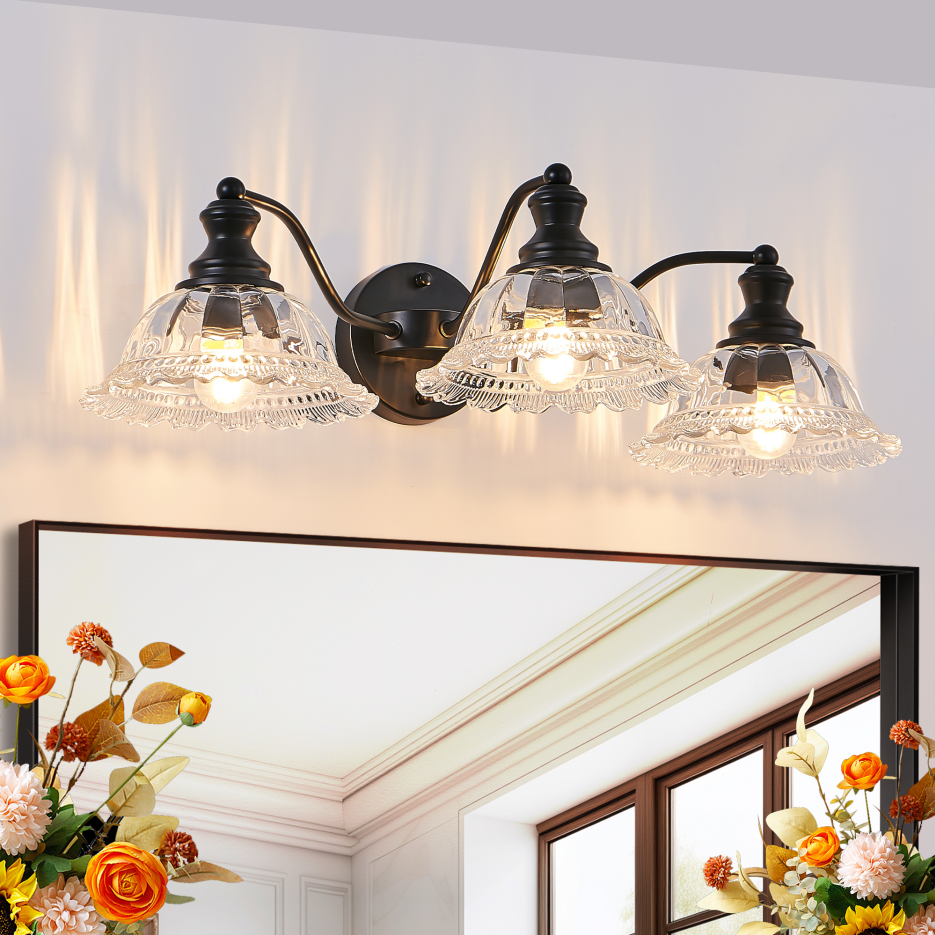 24 pouces 3-Light Vintage salle de bain mur sconce élégant noir métal et verre abat-jour Vanit