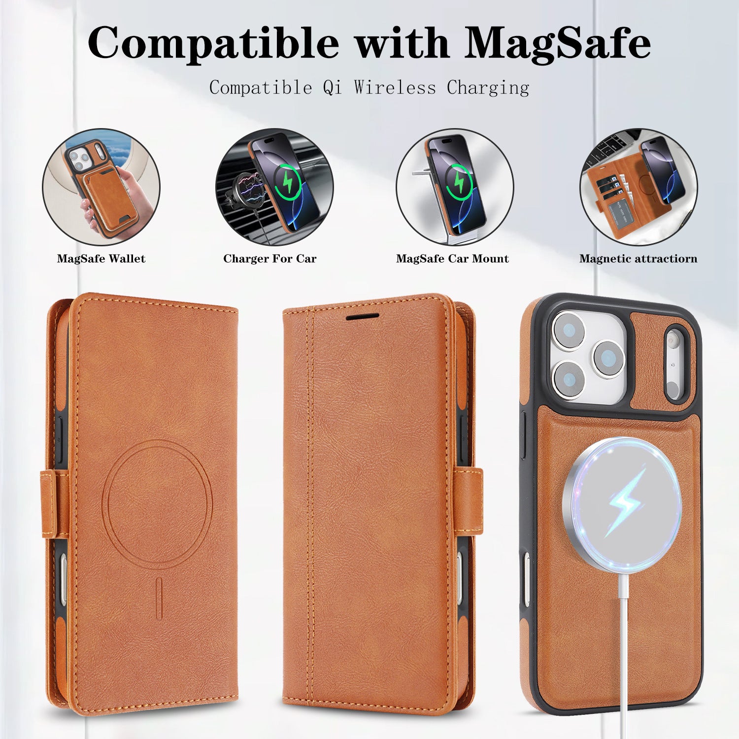 Coque de téléphone en cuir magnétique sans fil