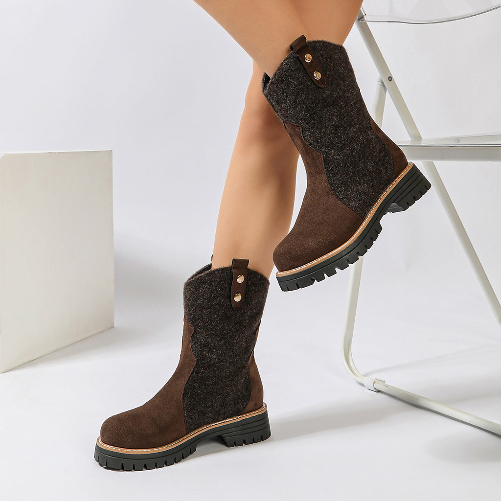 Automne Hiver Arrivée Femmes Plus Taille Vintage Mid-Calf Bottes Suede Bloc Talon Rond Toe Mi