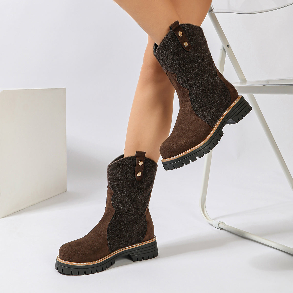 Automne Hiver Arrivée Femmes Plus Taille Vintage Mid-Calf Bottes Suede Bloc Talon Rond Toe Mi