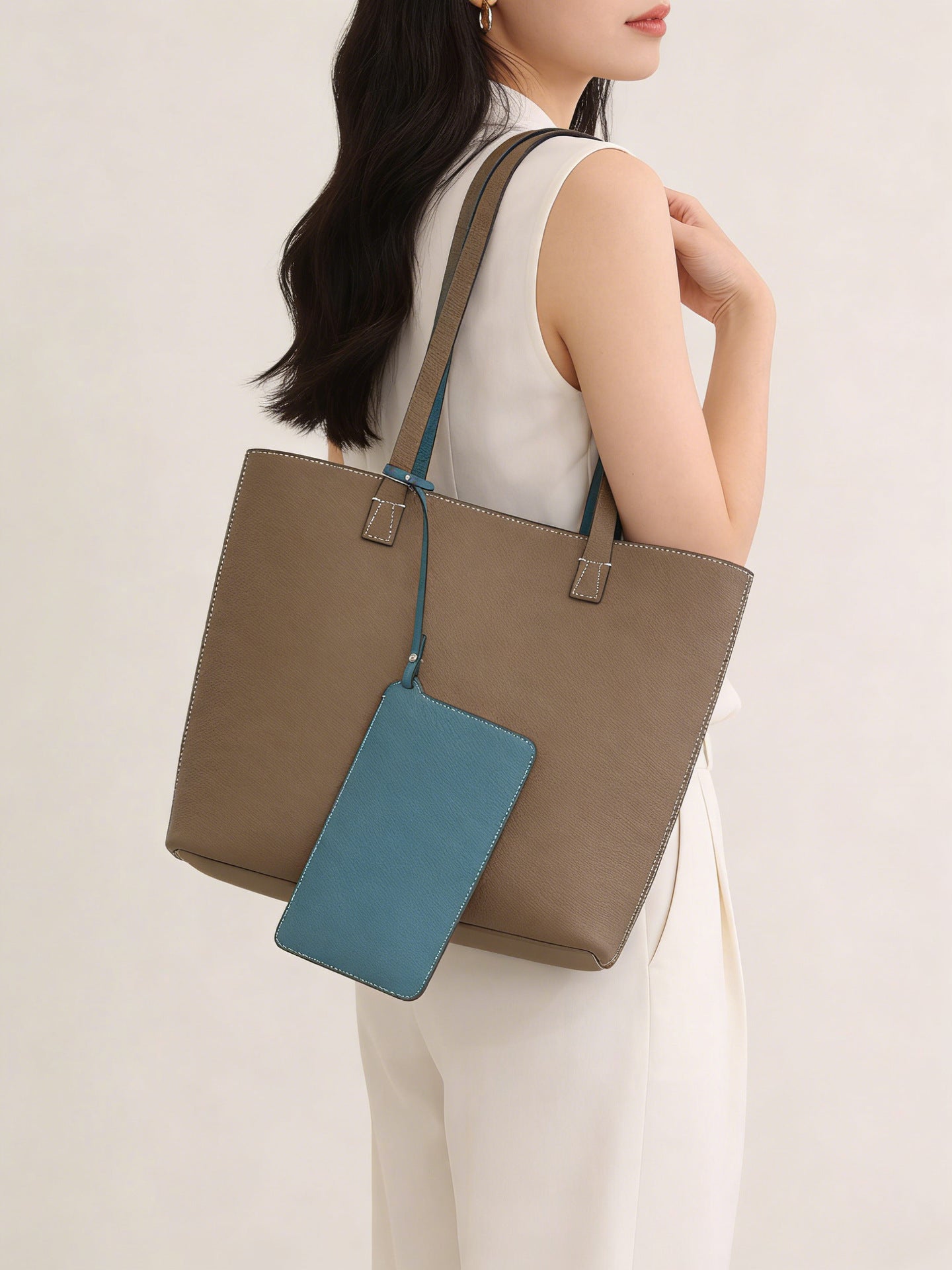 Sac à bandoulière double side style coréen TC Top Layer Sac à seau en cuir de vache Grande capacité ouverte