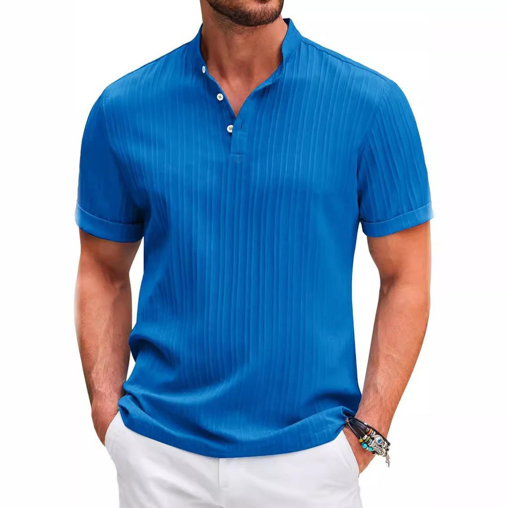 Homme Cotton-lin Jacquard Solide-couleur Casual Loose-fit Chemise manches courtes