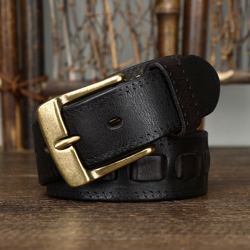 Ceinture Retro Homme en cuir véritable avec boucle en laiton
