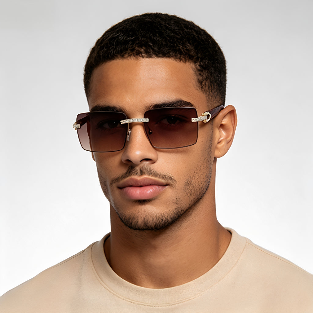 Lunettes de soleil homme sans cadre rétro avec bras de temple en bois incrusté de diamant