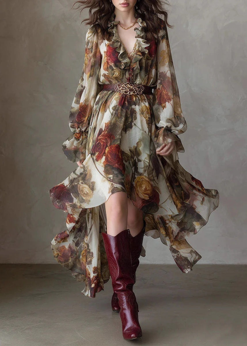 Robe asymétrique à manches longues à col V volant imprimé