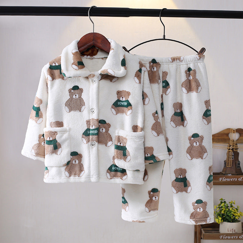 Printemps et automne Flannel de garçons et filles Mignon Kawaii Cartoon Animal Homewear