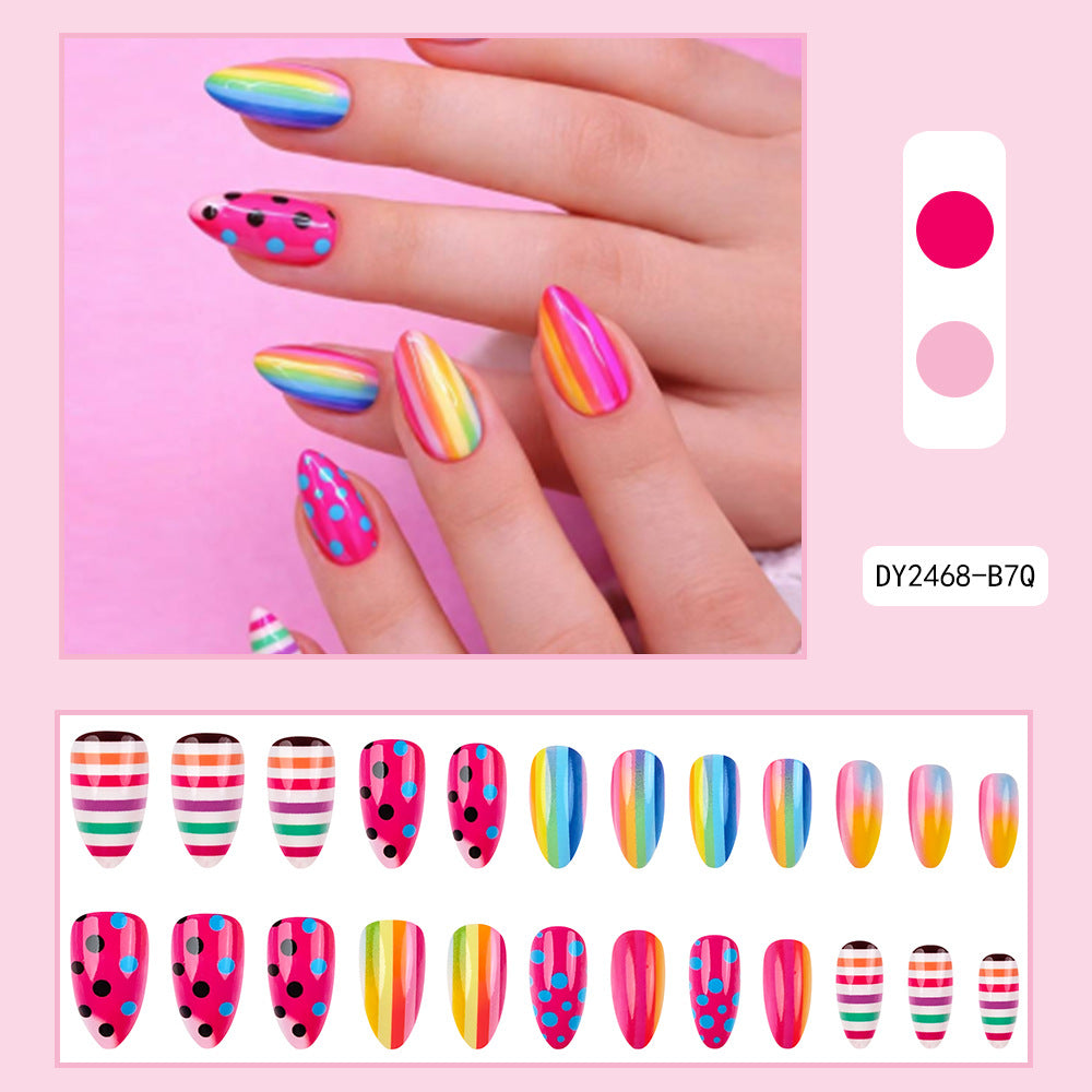 Stickers 24 Pièces de Short Almond en forme de Nail Acrylique avec des rayures de couleur arc-en-ciel et Pr