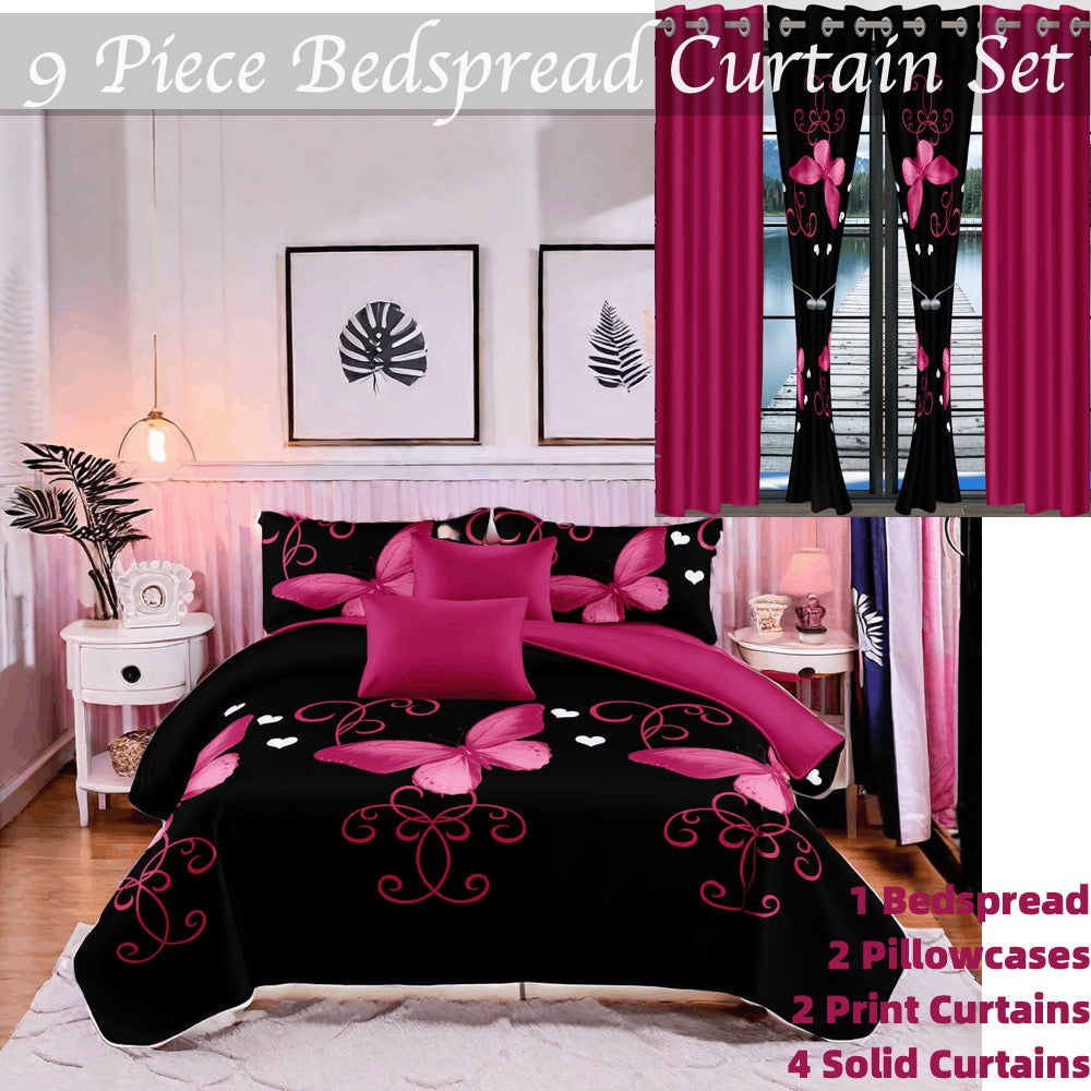 9-Piece violet et papillon noir couvre-lit et rideau
