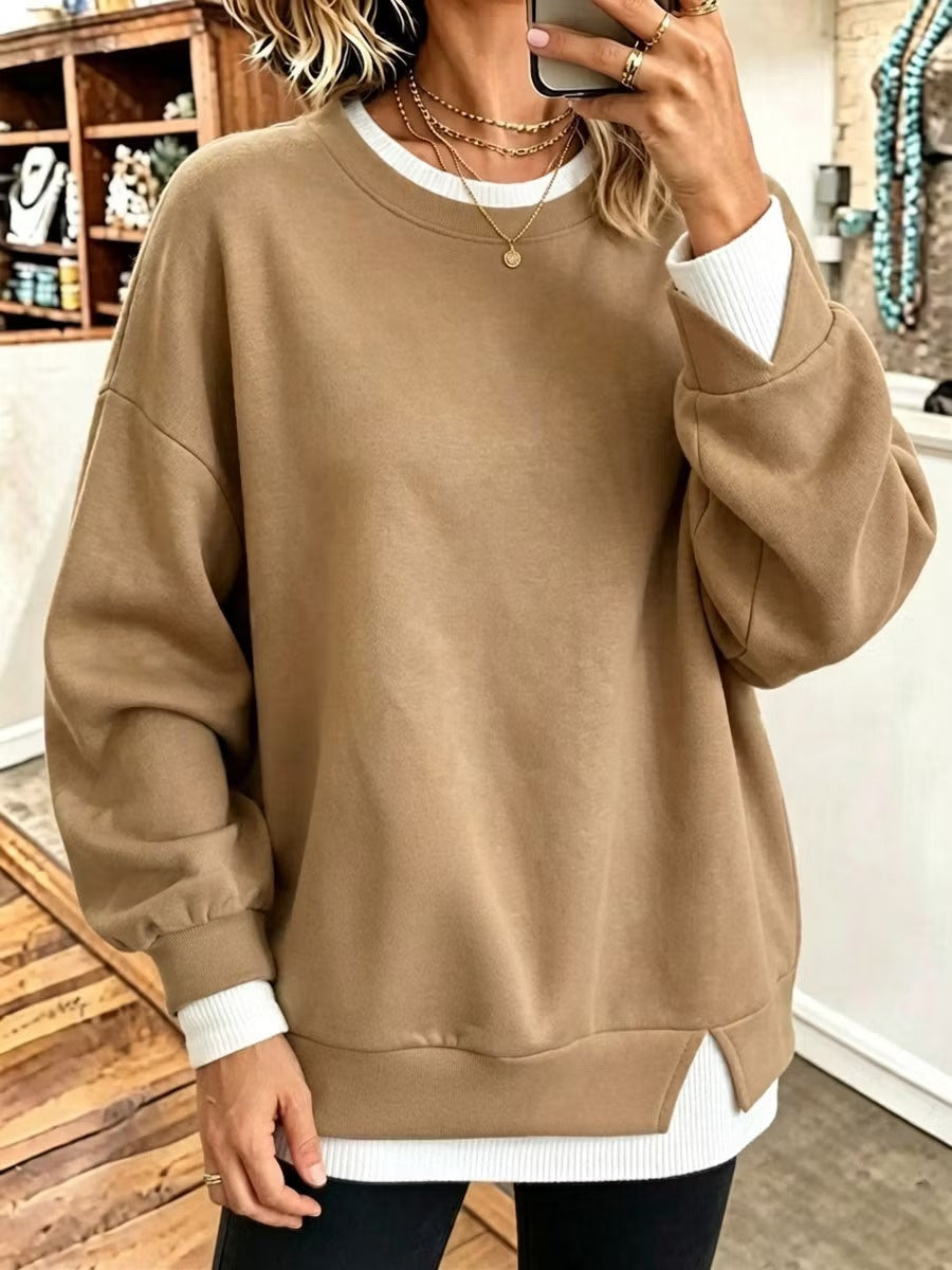 Col rond Patchwork à manches longues Pullover Sweatshirt de couleur unie