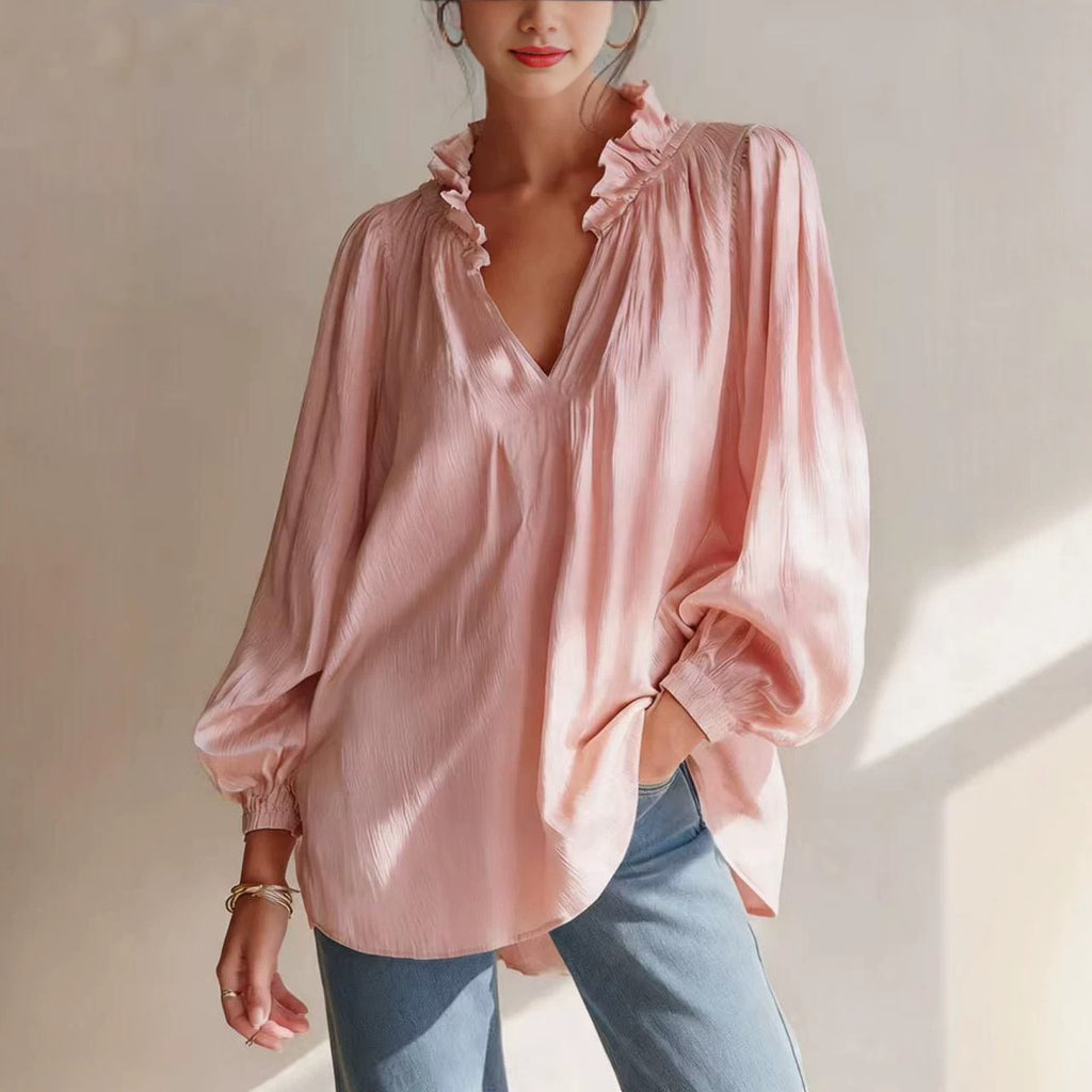 Femmes Casual Ruffled-edge V-neck Blouse à manches de puff