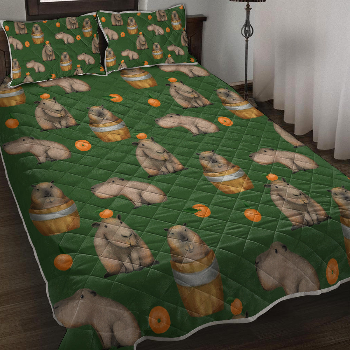 3-Piece Capybara Printed Quilt Set Soft Microfiber Lightweight Green Bedspread Ca