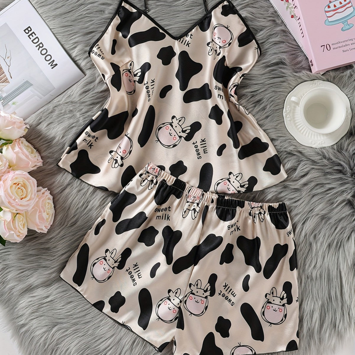 Femme Silk Cow Print Cozy Cool Home Jumpsuit Short Set