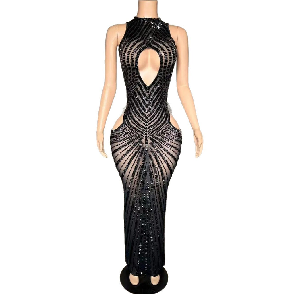 Femmes Sexy Mesh Hollow-Out Nightclub Robe de scène Performance Outfit Gown soirée