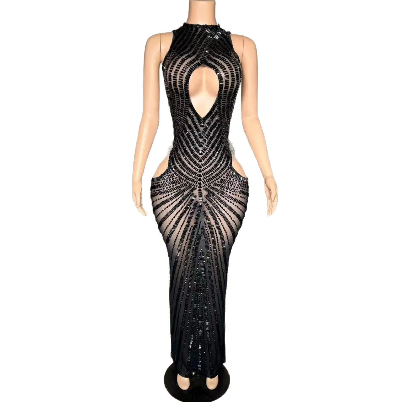 Femmes Sexy Mesh Hollow-Out Nightclub Robe de scène Performance Outfit Gown soirée