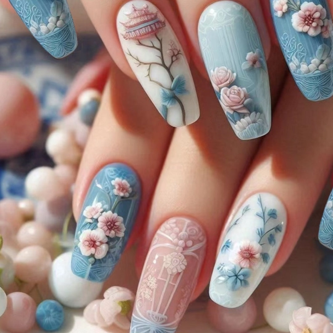 Guofeng Begonia Fausse fleur T courte Tempérament froid Blanc 24 pièces Porter des ongles Piec Polonais