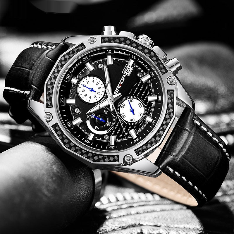 Calendrier de la sangle de quartz Trois yeux et six aiguilles montre pour hommes