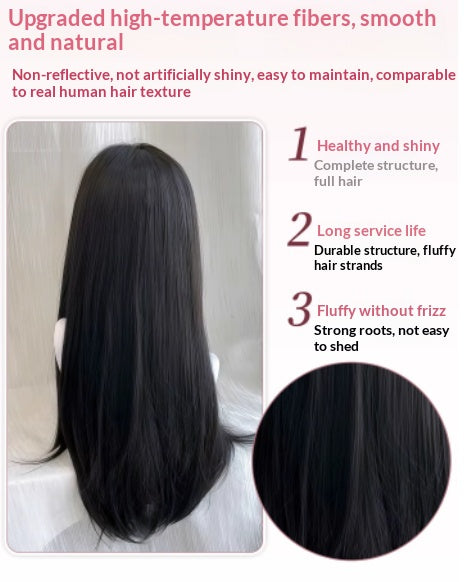 Femmes Wig Wispy Bangs Long droit cheveux noirs tressé Updo