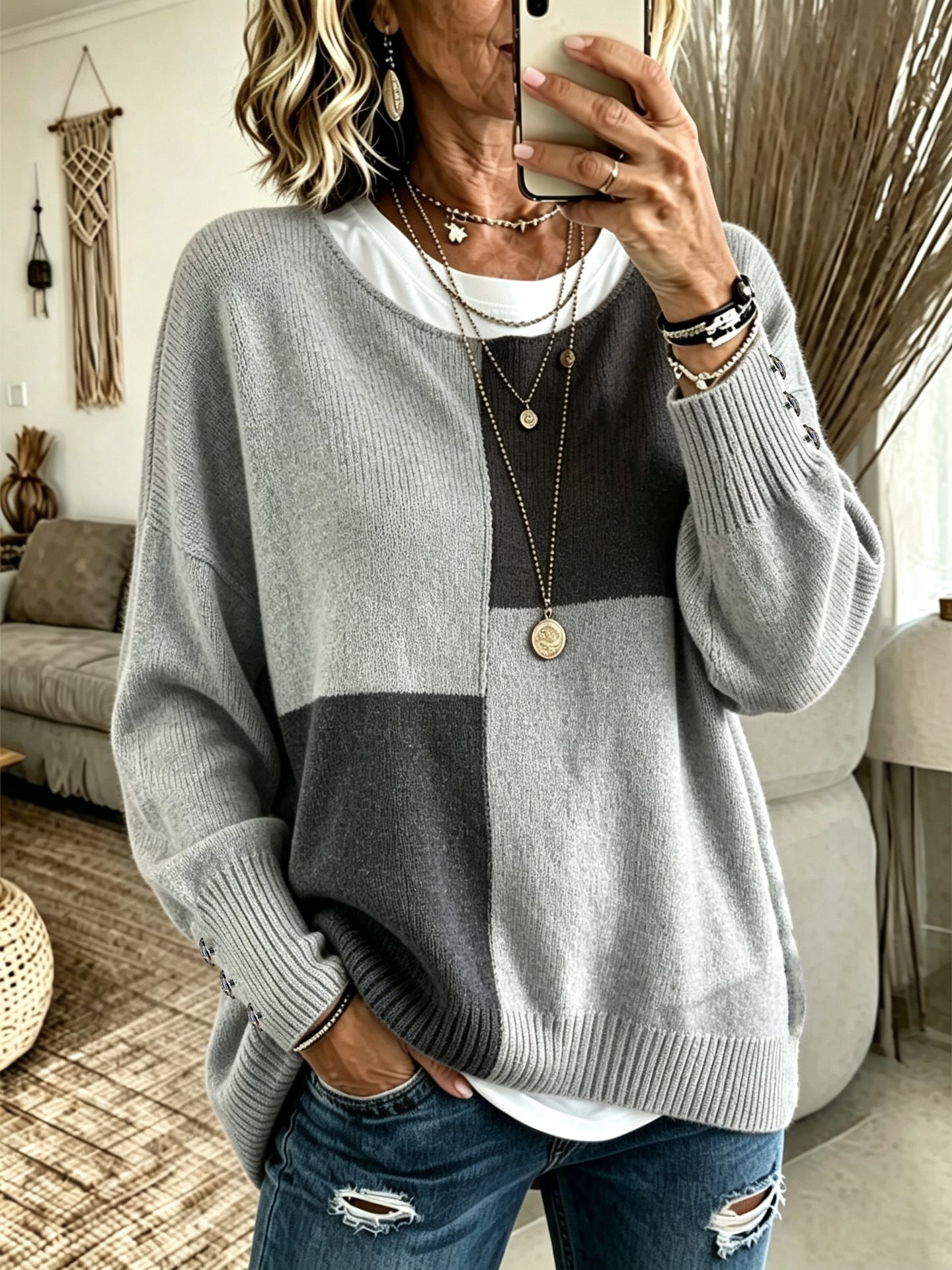 Col rond à la mode Casual Color-block Sweaterknitted pour la couche