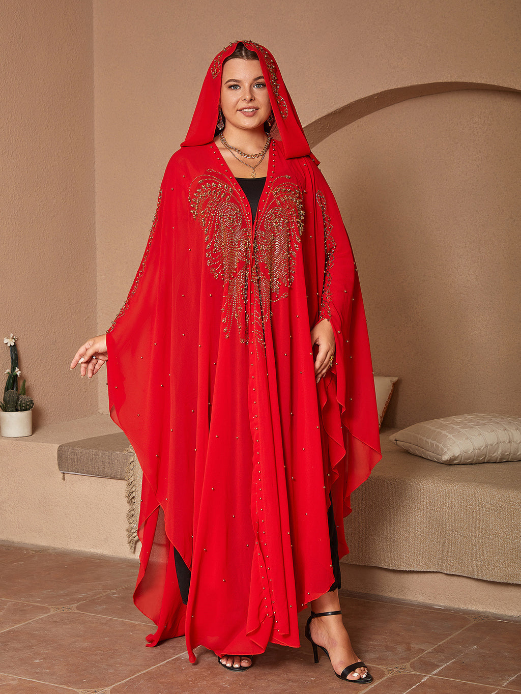 Style musulman Strass Perles Haute Densité Chiffon Cape Et Châle