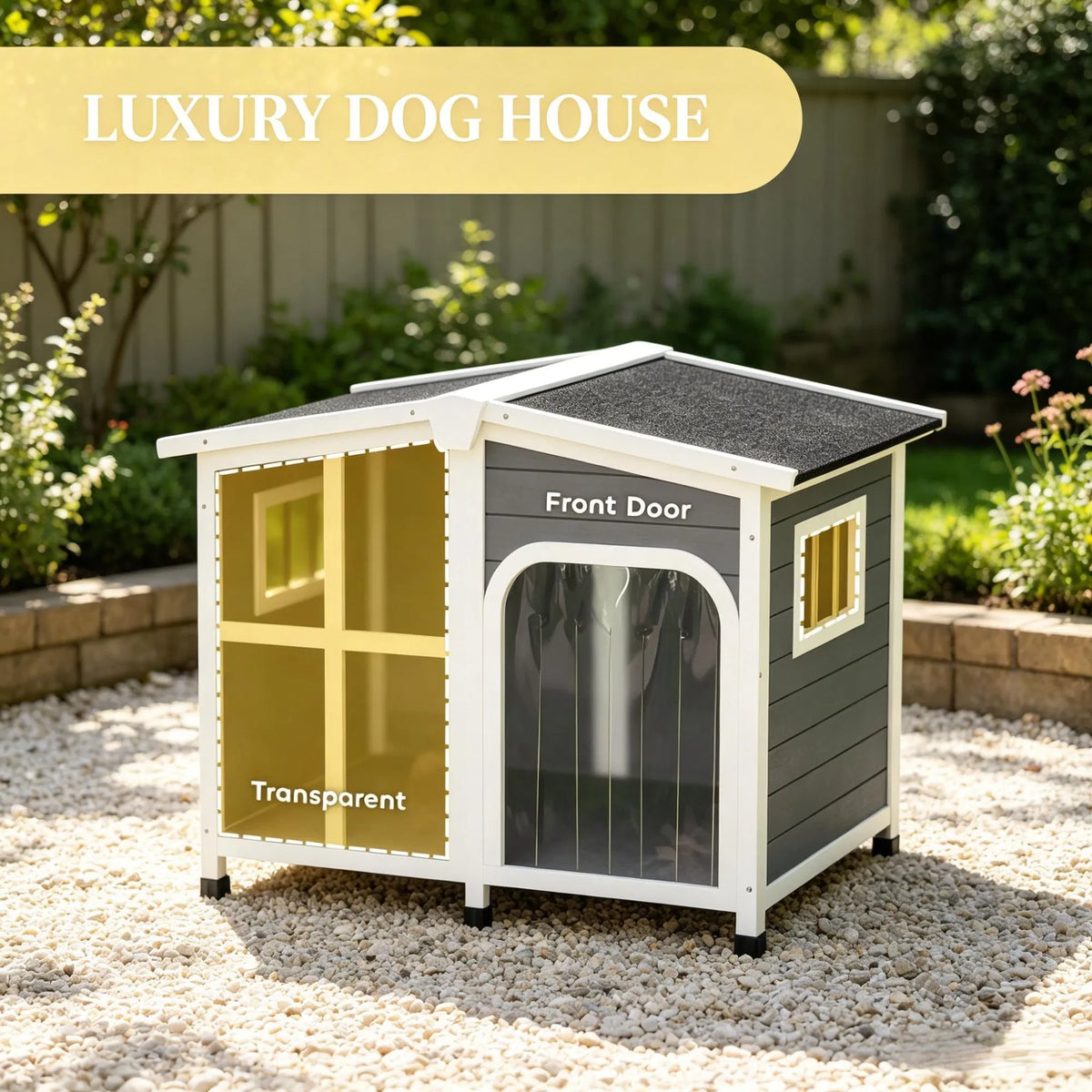 Grand abri pour animaux de compagnie en bois de style chalet avec toit ouvrant et fenêtre géante gris