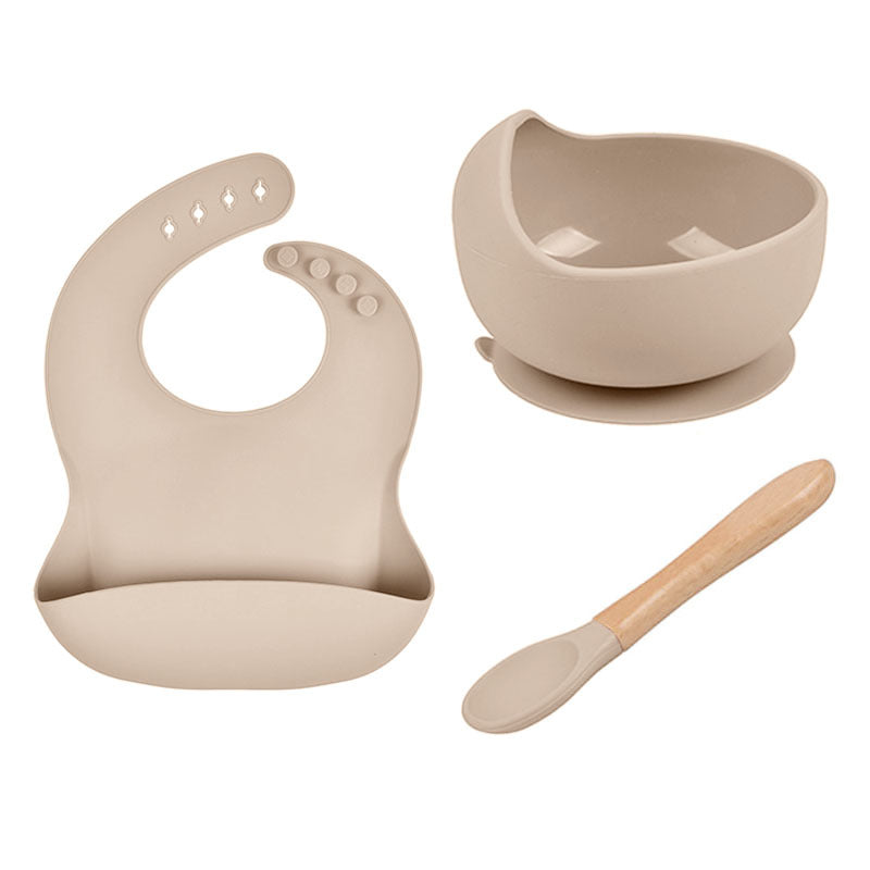 Baby Tableware Solid Food Bowl Silicone Bib Spoon en bois Ensemble de trois pièces