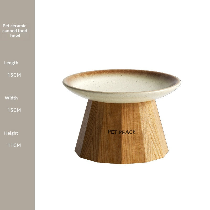 Portable Home Ceramic-Clad Solid Wood Cat Bowl